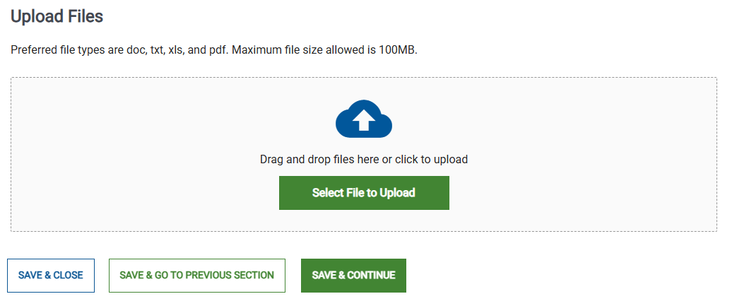 Screenshot of the Upload Files section.