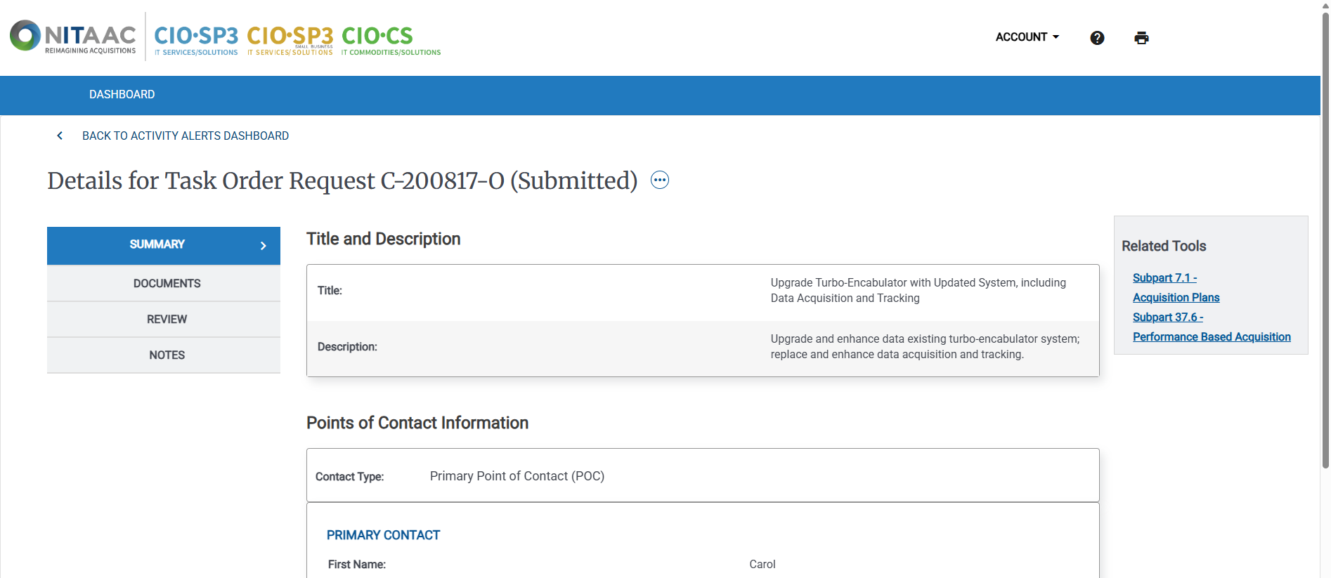 Screenshot of the Summary page when reviewing and releasing Task Order Requests. For NITAAC Employees only.