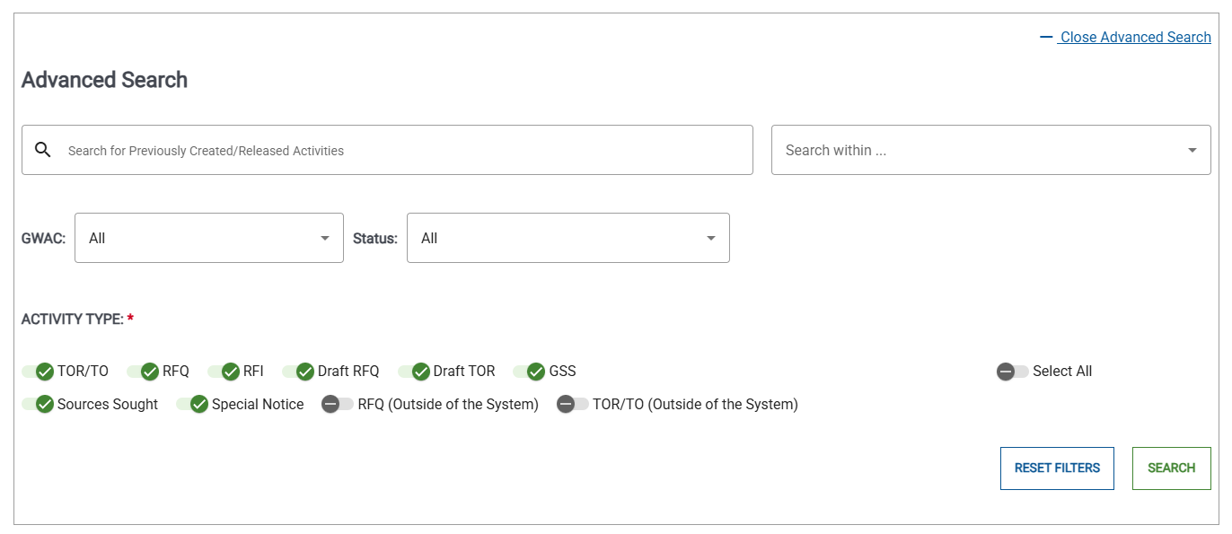 Screenshot of the Advanced Search Fields in e-GOS.