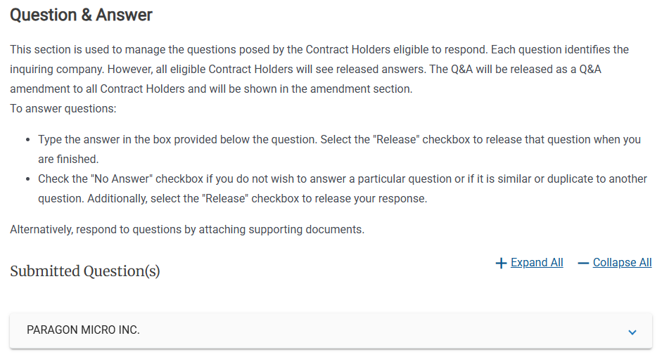 Screenshot of the Questions and Answers page when a Contract Holder has submitted a question.