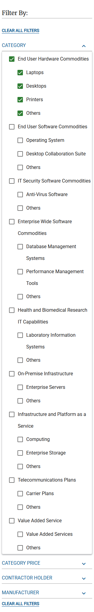 Screenshot of the filters available in the CIO-CS Catalog. Select any filter to include items matching that condition. The screenshot is text on a white background.