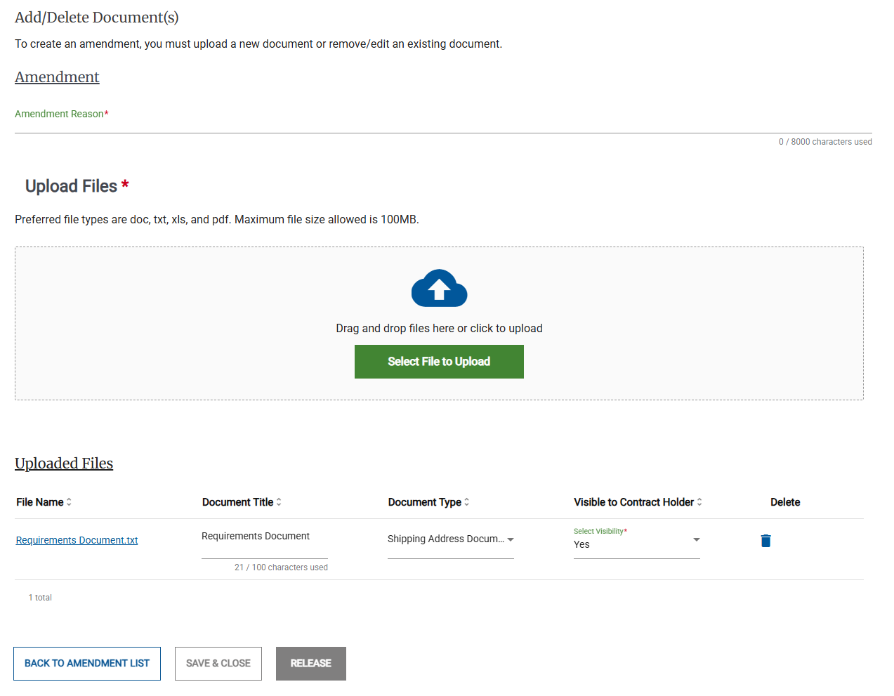 Screenshot of the Add/Delete Documents section when creating an Amendment to an Activity.