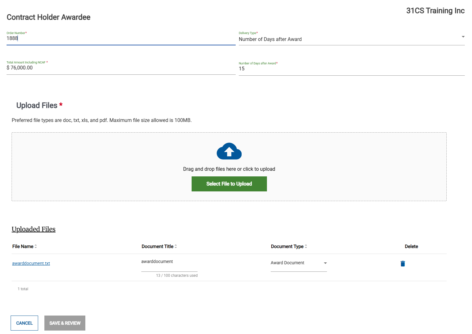 Screenshot of the Contract Holder Awardee dialog box. Use this dialog to make changes to an Awarded but not Funded Activity.
