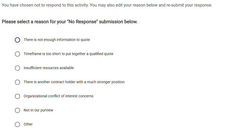 Screenshot of the "Please select a reason for your "No Response" submission" section of the Activity Details.