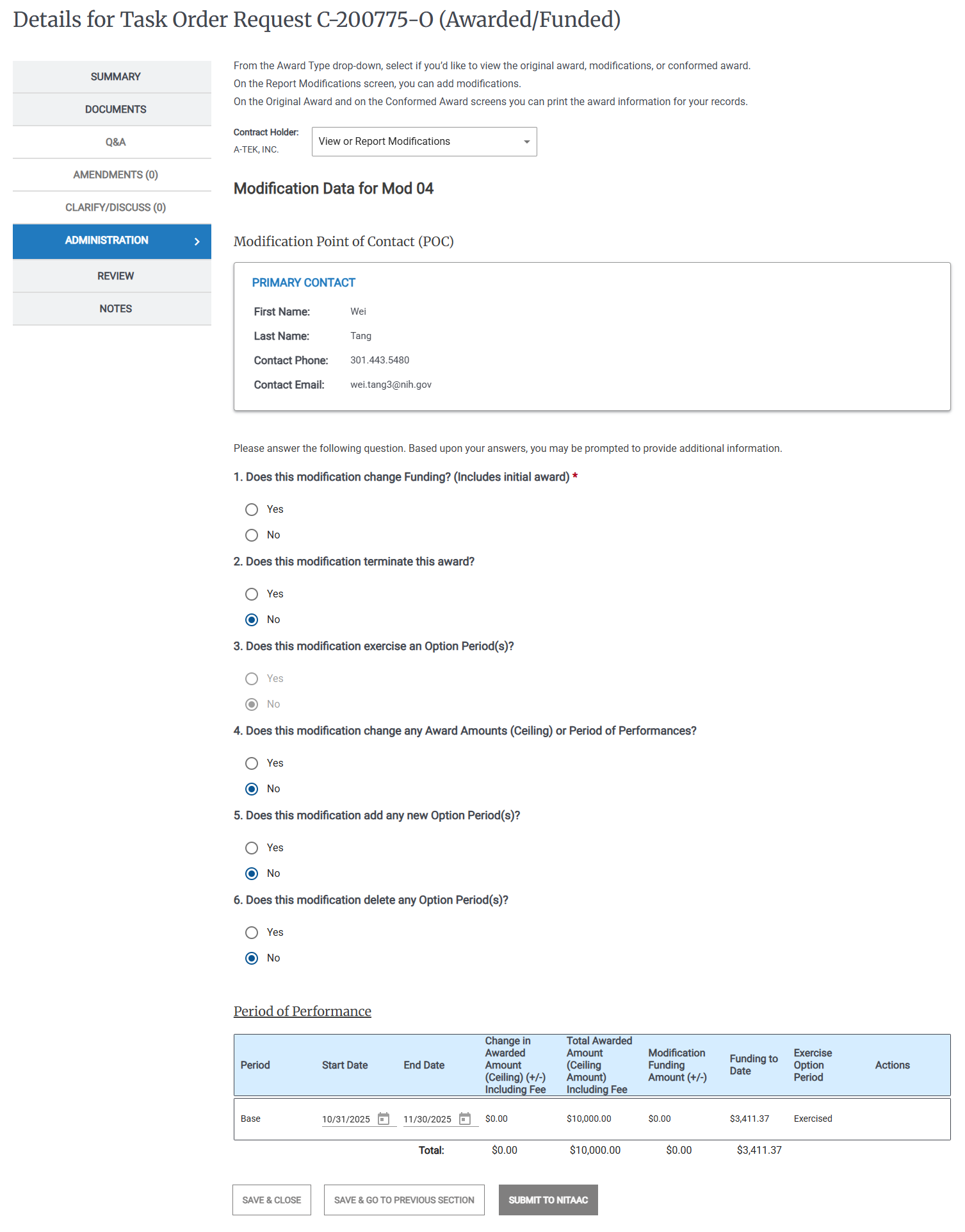 Screenshot of the page for NITAAC users to enter MOD data.