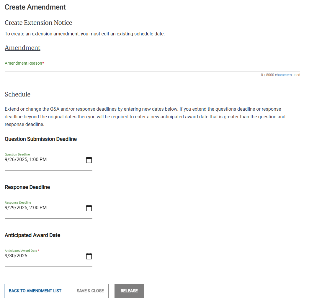 Screenshot of the Create Extension Notice page when creating an Amendment.