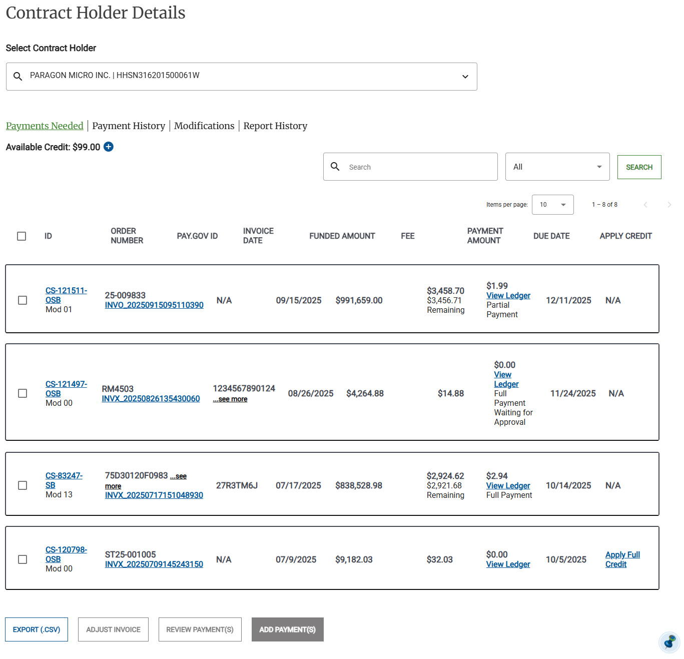 Screenshot of the Payments Needed View for NITAAC Finance Users.