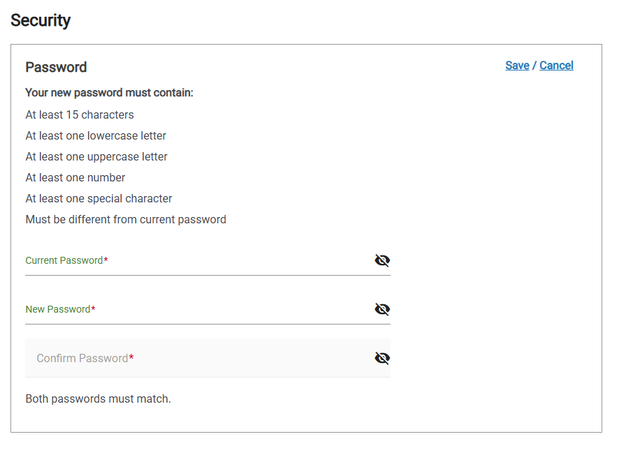Screenshot of the Change Password Page. Enter your current password, then enter your new password and confirm it.