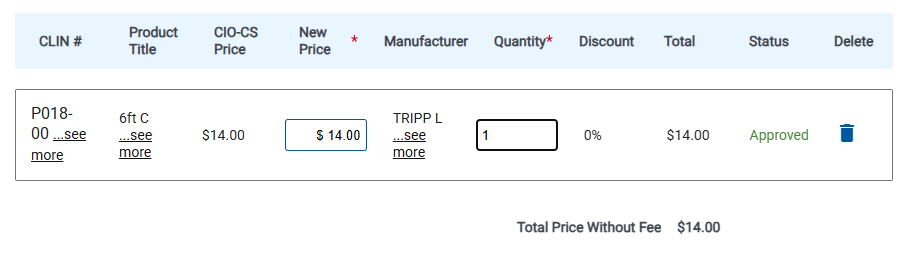 Screenshot CLIN information area when attaching CLINs to an activity. Enter the price and quantity.