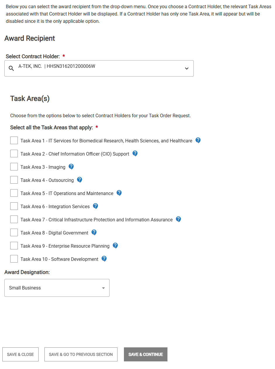 Screenshot of the Task Area Selection when creating a TOR Outside of the System.