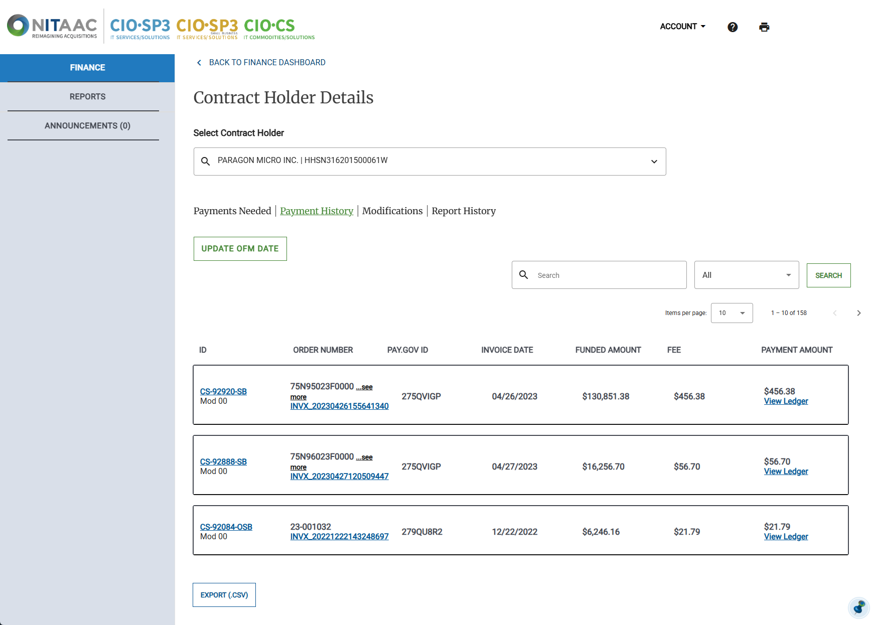 Screenshot of the Contract Holder Details Payment History Tab.