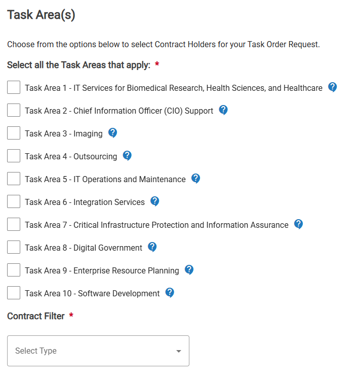Screenshot of the Task Area Selection in the Contract Selection Page. Select all of the Task Areas that apply to your Activity.