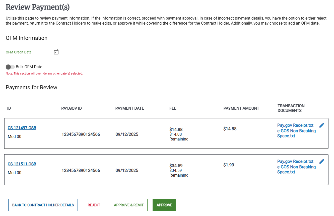 Review Payments Page Screenshot of the Review Payments page.