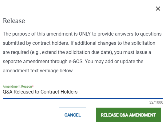 Screenshot of the Confirm Release pop-up for a Q&A Amendment.