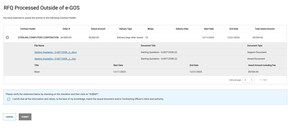 Screenshot of the Outside System Order Pop Up when approving an award