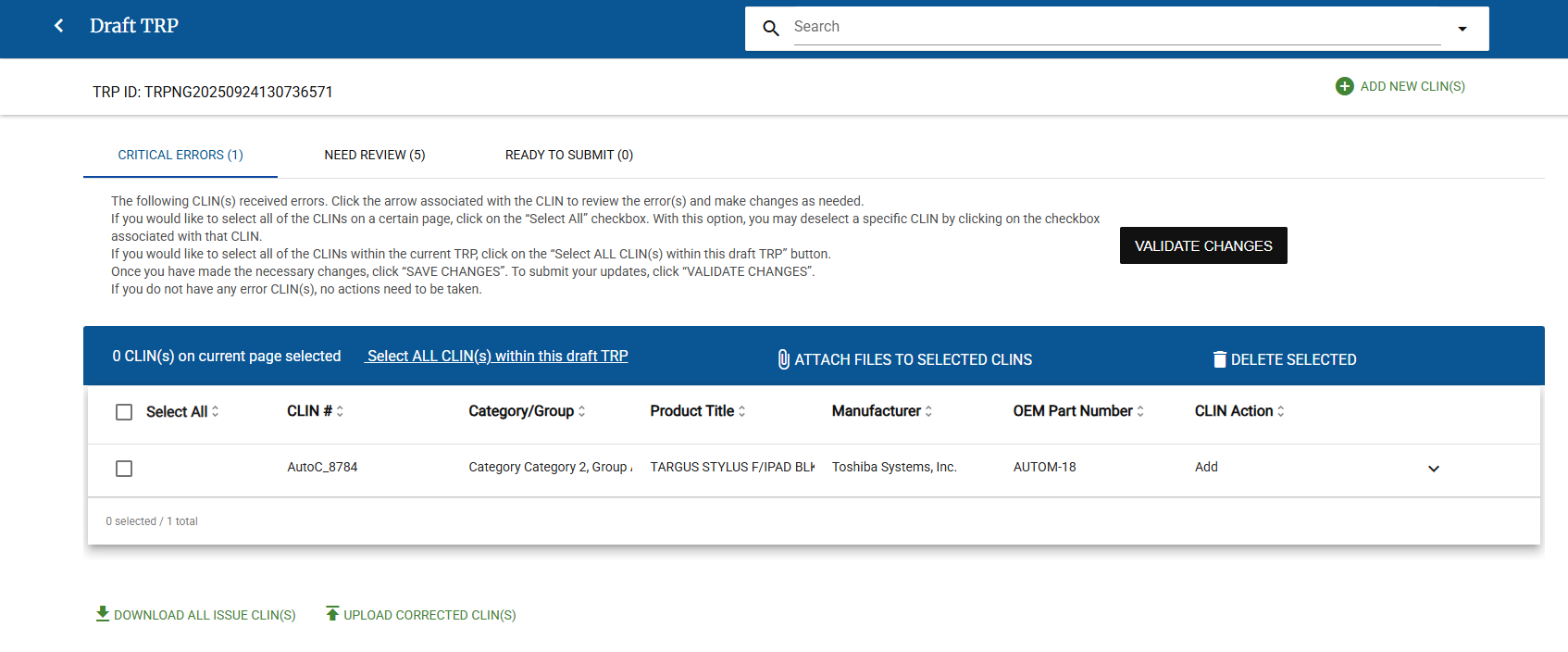 Screenshot of the Critical Errors tab in a Draft TRP. You must resolve the issues with the CLINs before you can submit.