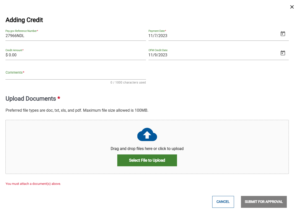 Add_Credit_From_Existing_Payment.png Screenshot of the Adding Credit Dialog Box for Finance Users