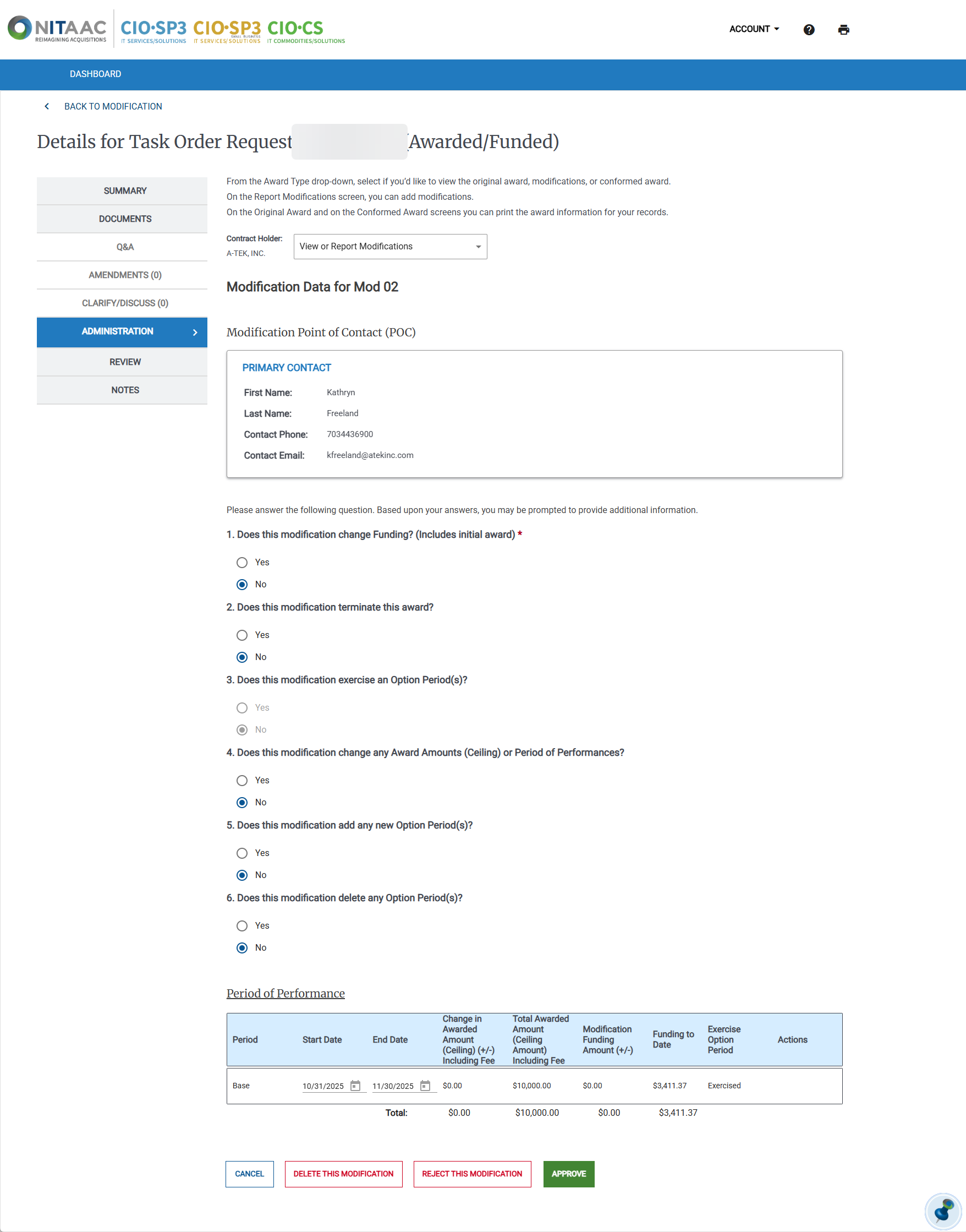 Screenshot of the Approve Mods page for NITAAC.