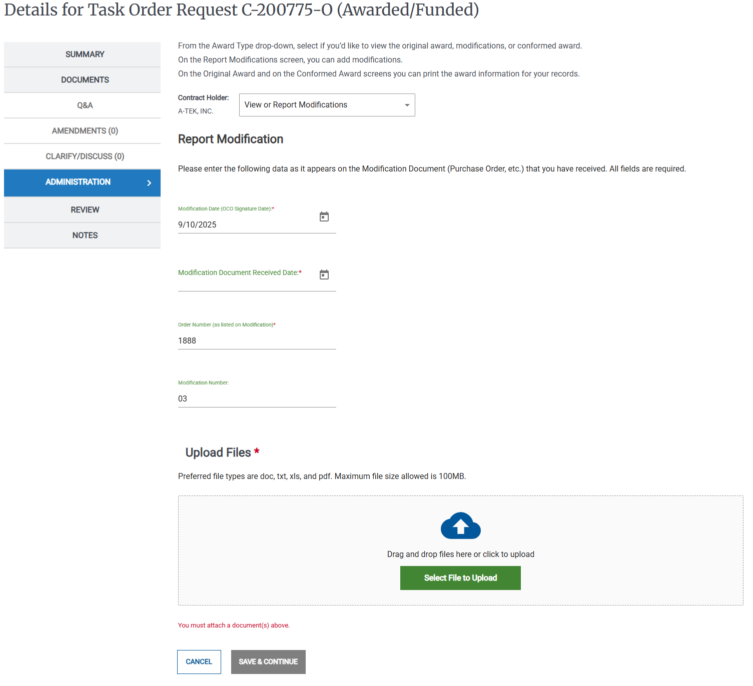 Screenshot of the Report Modifications page for NITAAC users.