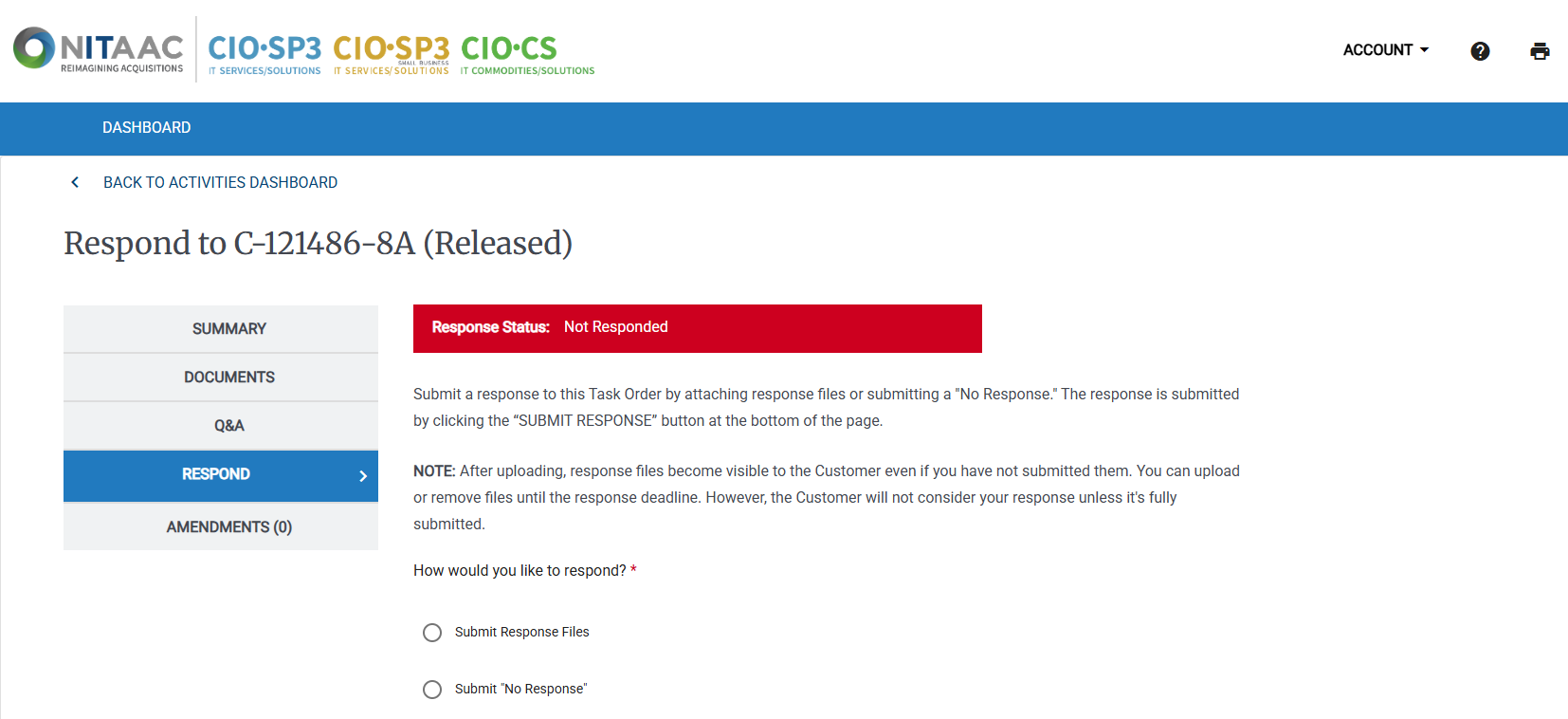 Screenshot of the "Respond to" page in the Activity Details. You should respond to every opportunity, even if you submit a "No Response" response.