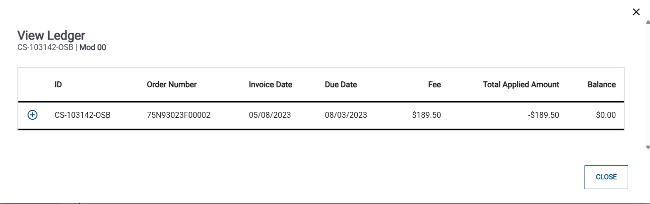 Screenshot of the View Ledger Pop Up for the NITAAC Finance User.
