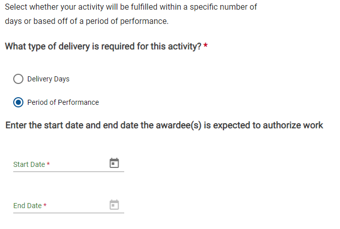 Screenshot of the Define Dates page with period of Performance selected.