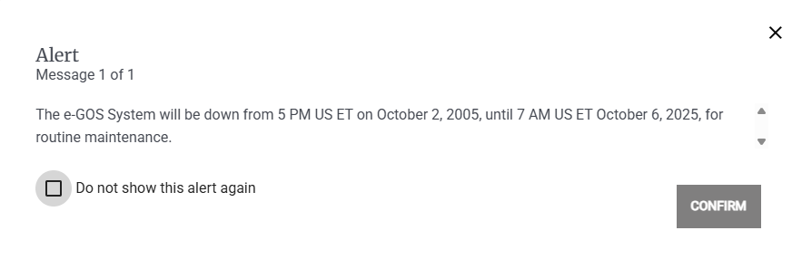 Screenshot of a sample Alert Popup. This popup appears for all logged-in users when an administrator sends an alert Announcement. You can read the announcement, then click Confirm to dismiss it.