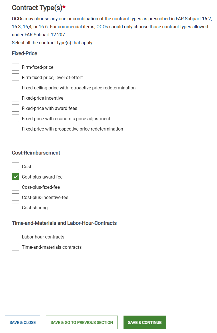 Screenshot of the Contract Type page for creating an Activity. Select one or more Contract Types that apply to your Activity.