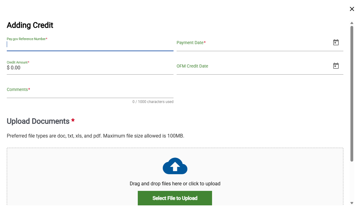 Screenshot of the Adding Credit page.