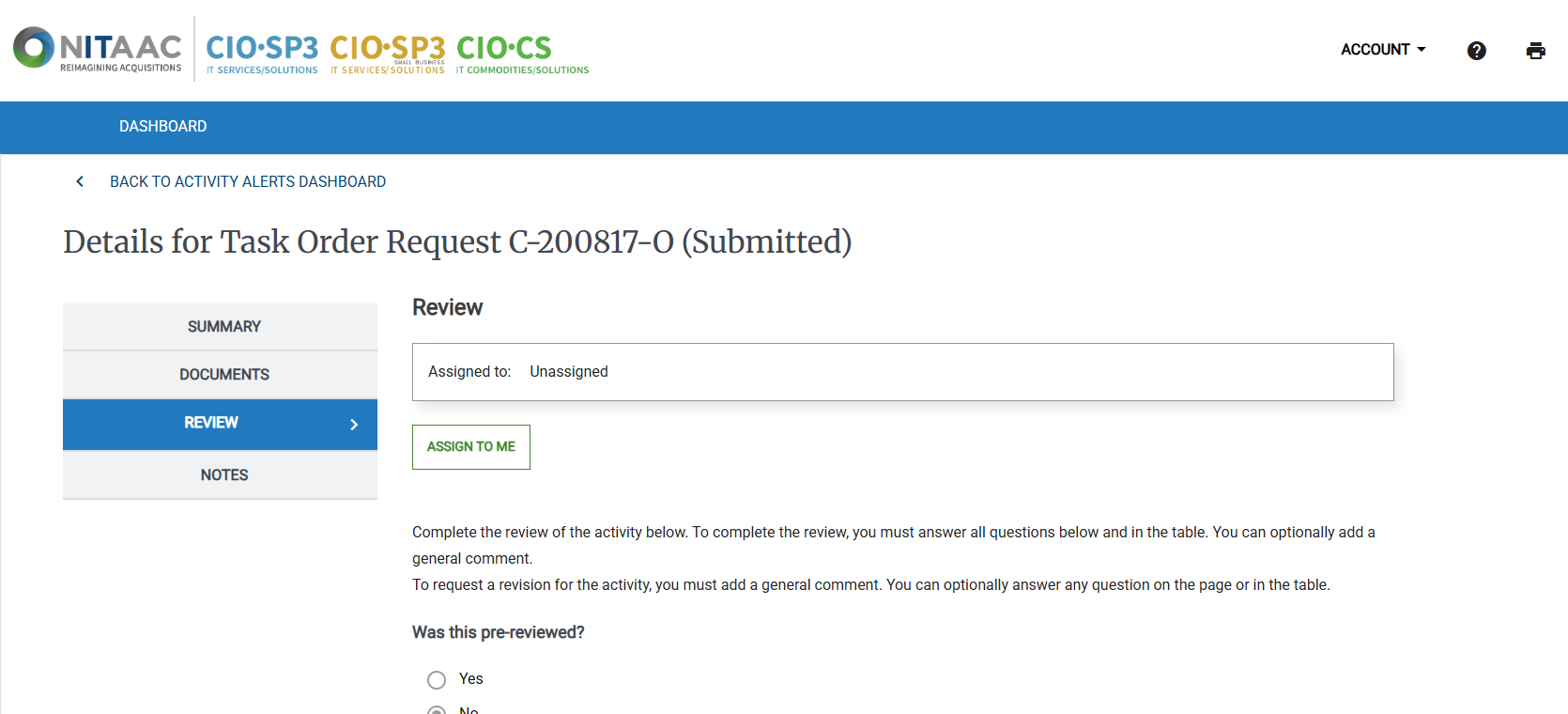 Screenshot of the Review page when reviewing and releasing Task Order Requests. For NITAAC Employees only.