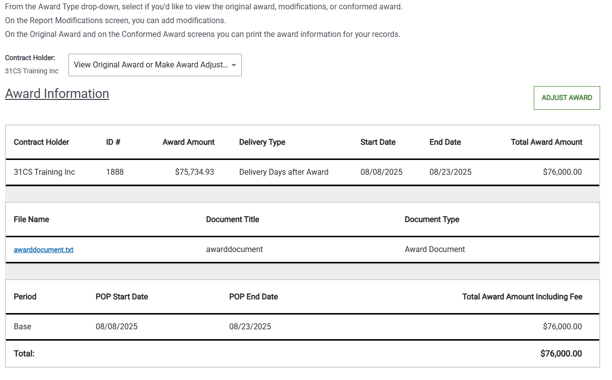 Screenshot of the Award Information Page for a user logged in with the Program Support role.