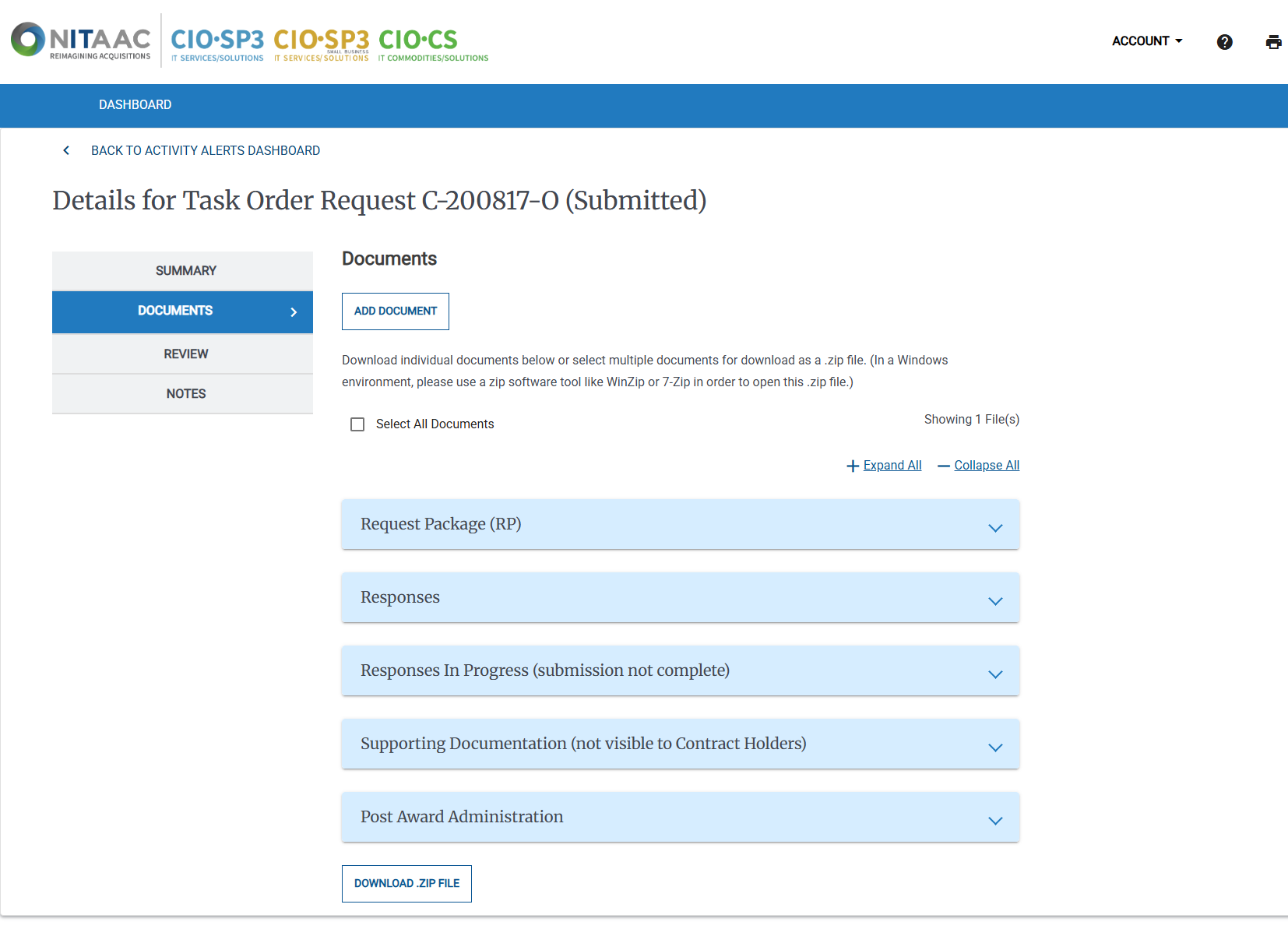 Screenshot of the Documents page when reviewing and releasing Task Order Requests. For NITAAC Employees only.